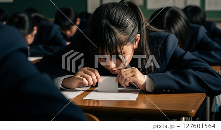 テスト中にこっそりカンニングをする生徒	 127601564