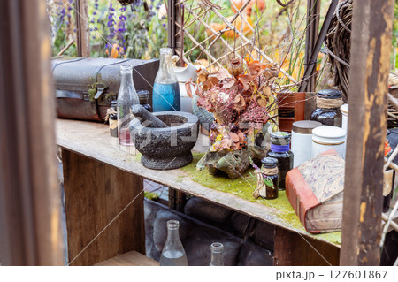 Halloween garden decorations concept. Autumn composition Halloween garden decorations concept. Autumn composition 127601867