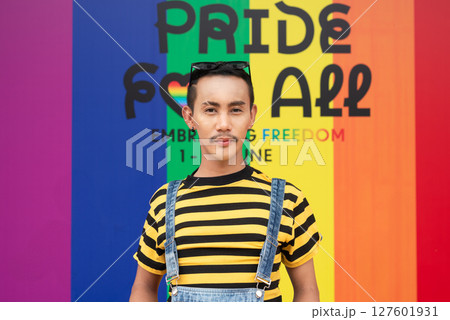Portrait of nonbinary genderfluid young Asian gay man against pride flag background 127601931