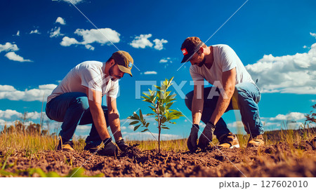 Two men planting a tree. Concept environmental protection 127602010