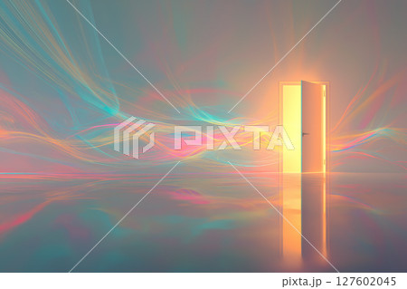 真っ白な室内の壁に設置された開かれたドアから、虹色のプリズム光線が床と空間を幻想的に照らし出す 真っ白な室内の壁に設置された開かれたドアから、虹色のプリズム光線が床と空間を幻想的に照らし出す 127602045