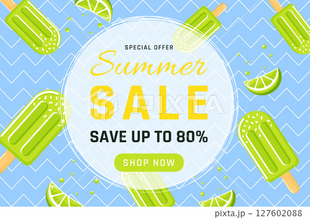 Summer Sale Banner with Lime Slice and Ice Cream in Bright Tropical Style Vector Illustration. 127602088