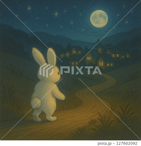町灯りに誘われてテクテクお散歩しているうさぎ 町灯りに誘われてテクテクお散歩しているうさぎ 127602092