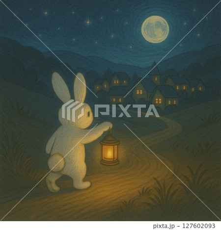 ランタンを持っているうさぎの後ろ姿　夜道背景画 127602093
