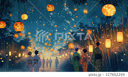 星降る参道に灯る七夕の夜 127602284
