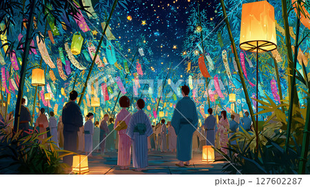 七夕笹飾りと夜の祈り 七夕笹飾りと夜の祈り 127602287