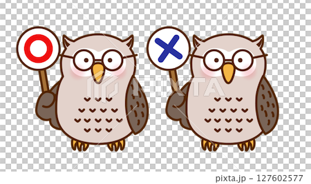 可愛的貓頭鷹用真或假牌來判斷插圖（向量） 127602577