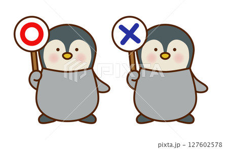 ○×札を持つペンギンのかわいい判定イラスト（ベクター） 127602578