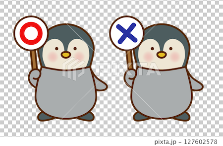 ○×札を持つペンギンのかわいい判定イラスト（ベクター） 127602578
