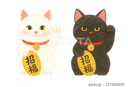 白猫と黒猫の招き猫イラスト｜福を呼ぶ縁起物／かわいい和風キャラクター 127602697