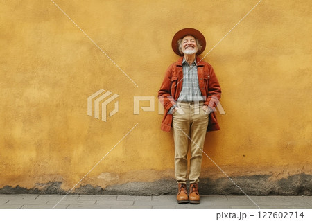 young woman in hat and jacket over yellow wall 127602714