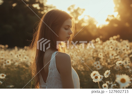 portrait of a beautiful young woman in a white dress 127602715