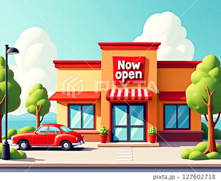 イラスト風　昼下がりのカフェの正面　背景素材　[AI生成画像] 127602718