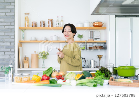 キッチンでタブレットを持つミドルの主婦　 127602799
