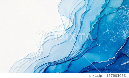 高級感のある薄くて淡いアルコールインクアート ブルー 余白 16:9サイズ AI生成素材 127603088