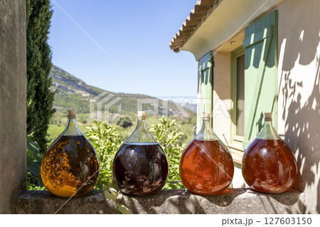 Brightly Colored Glass Bottles Filled with Homemade Fermentation Under the Warm Sunlight Brightly Colored Glass Bottles Filled with Homemade Fermentation Under the Warm Sunlight 127603150
