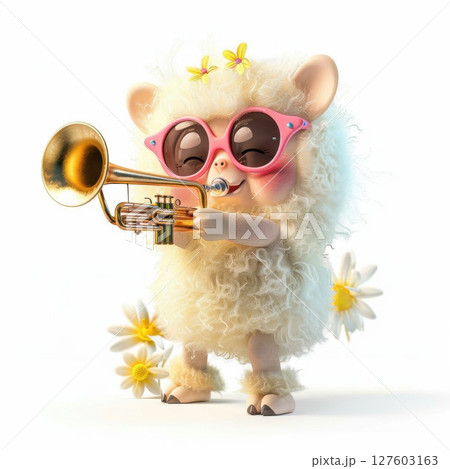 sheep  blowing a pipe, celebrating joyfully. The sheep blows the trumpet. Sheep musician. 127603163