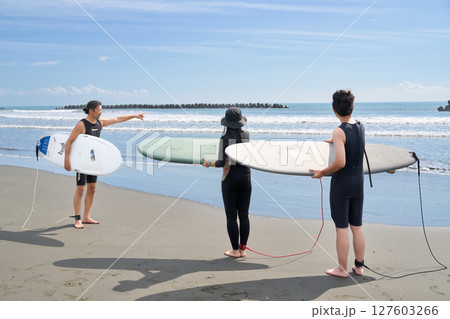 サーフィンポイントを説明するインストラクターと受講者たち 127603266