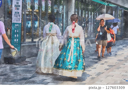 韓国の伝統的な女性の民族衣装（チマチョゴリ）で歩く若い女性（オリジナル画像からイラストAI生成） 127603309