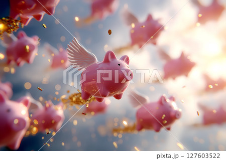 祝福の大群：降り注ぐピンクのブタさん貯金箱と金貨が描く投資・幸福・成功の幻想 127603522