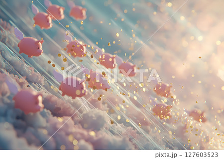 祝福の大群：降り注ぐピンクのブタさん貯金箱と金貨が描く投資・幸福・成功の幻想 127603523