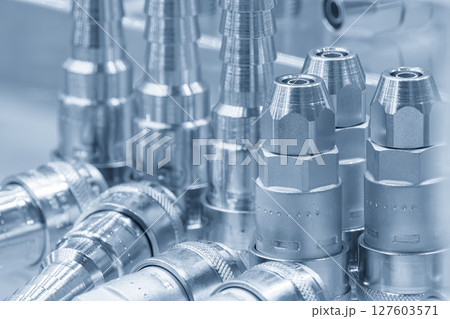 Close up scene the group of quick release coupling set in the light blue scene. 127603571