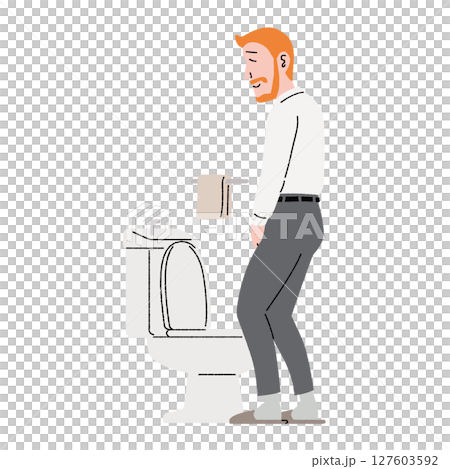 A relaxed man uses the toilet comfortably A relaxed man uses the toilet comfortably 127603592