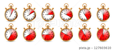 Realistic classic stopwatch. Shiny golden metal chronometer, time counter with dial. Red countdown timer showing minutes and seconds. Time measurement for sport, start, finish. Vector illustration Realistic classic stopwatch. Shiny golden metal chronometer, time counter with dial. Red countdown timer showing minutes and seconds. Time measurement for sport, start, finish. Vector illustration 127603610