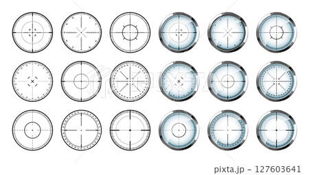 Chrome weapon sights, sniper rifle optical scopes. Hunting gun viewfinder with crosshair. Aim, shooting mark symbol. Military target sign, silhouette. Game interface UI element. Vector illustration Chrome weapon sights, sniper rifle optical scopes. Hunting gun viewfinder with crosshair. Aim, shooting mark symbol. Military target sign, silhouette. Game interface UI element. Vector illustration 127603641