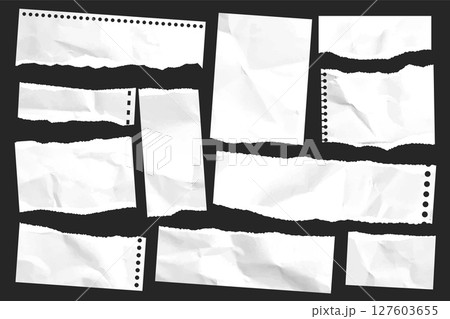Ripped paper strips. Realistic crumpled paper scraps with torn edges. Shreds of notebook, book or old newspaper pages. Trendy collage elements. Vector illustration 127603655