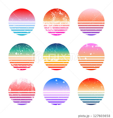 Grunge vintage colorful sunset. Striped gradient sunrise badges in 80s and 90s style. Sun and ocean view, summer vibes, surfing. Design element for print, logo or t-shirt. Vector illustration Grunge vintage colorful sunset. Striped gradient sunrise badges in 80s and 90s style. Sun and ocean view, summer vibes, surfing. Design element for print, logo or t-shirt. Vector illustration 127603658