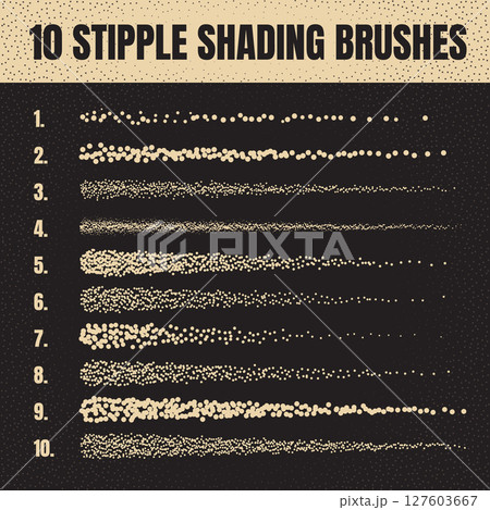 Ink scatter brush, stipple drawing and texturing. Fading gradient. Stippling, dotwork drawing, shading using dots. Halftone disintegration effect. White noise grainy texture. Vector illustration 127603667