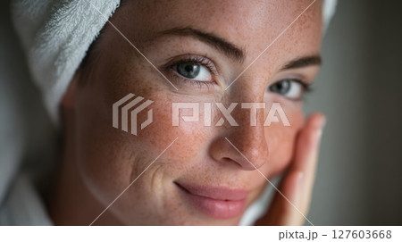 Portrait of a Freckled Woman With Radiant Skin and a Gentle Smile 127603668