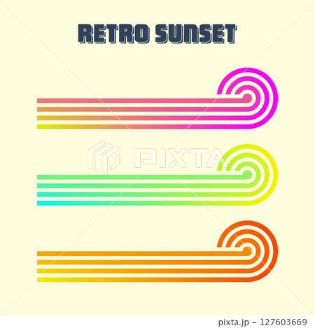 Vintage colorful sunset. Various gradient striped sunrise badges in 80s and 90s style. Sun and ocean view, summer vibes, surfing. Design element for print, logo or t-shirt. Vector illustration 127603669
