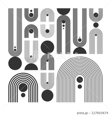 Arch and circle elements, modern geometric shapes. Contemporary design, mid century minimalist art. Trendy design elements for wall decor, posters, books, covers and flyers. Vector illustration Arch and circle elements, modern geometric shapes. Contemporary design, mid century minimalist art. Trendy design elements for wall decor, posters, books, covers and flyers. Vector illustration 127603674
