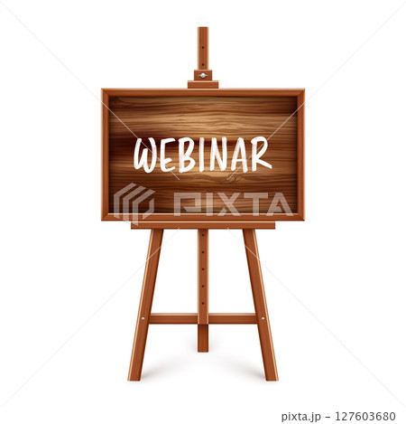 Wooden chalkboard on easel. Blackboard in wooden frame on a tripod. Presentation board with text, writing or drawing surface. Online studying, learning mockup. Vector illustration 127603680