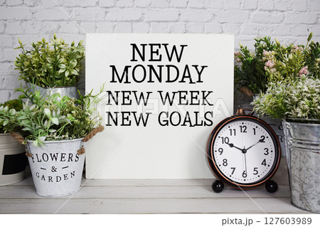 New Monday New Week New Goals Motivational and Inspirational quotes with alarm clock on wooden background 127603989