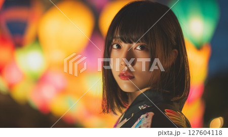 花火の背景と美女のポートレート 127604118