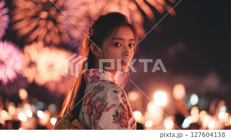 花火の背景と美女のポートレート 127604138