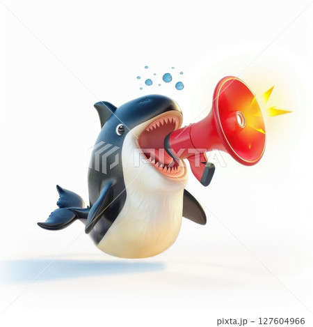 Cute orca holding a red megaphone, ready to make a big splash with its loud call, ideal for dynamic aquatic or ocean celebration themes. 127604966
