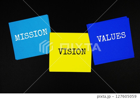 Mission, Vision, Vales text on sticky note on black background 127605059