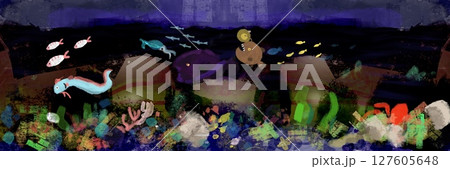 絵本風・カラフルな深海の水彩イラスト   Storybook Style Colorful Deep 127605648