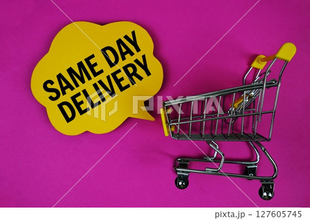 Same Day Delivery text with speech bubble and trolley shopping cart on pink background Same Day Delivery text with speech bubble and trolley shopping cart on pink background 127605745
