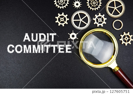 Audit Committee text message with magnifying glass on black background Audit Committee text message with magnifying glass on black background 127605751