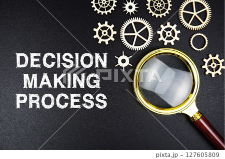 Decision Making Process text message with magnifying glass on black background Decision Making Process text message with magnifying glass on black background 127605809
