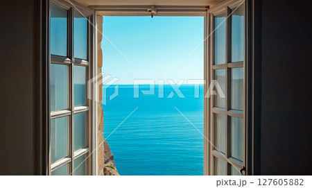 Beautiful sea view from the open window Beautiful sea view from the open window 127605882