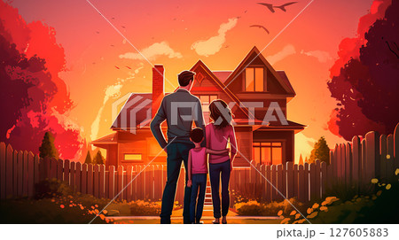 A family stands in front of a burning house 127605883