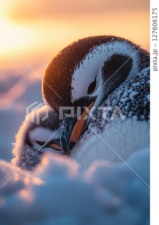 Emperor penguin cares for its chick  in the icy Antarctic landscape 127606175