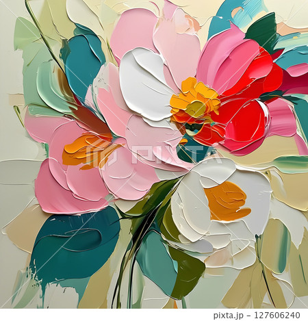 Abstract floral still life, a bouquet of various pink and peach flowers 127606240
