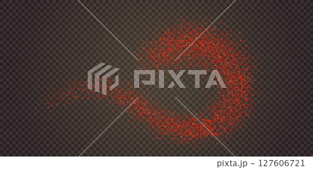 Grainy chilli powder swirl on black table or countertop top view 127606721